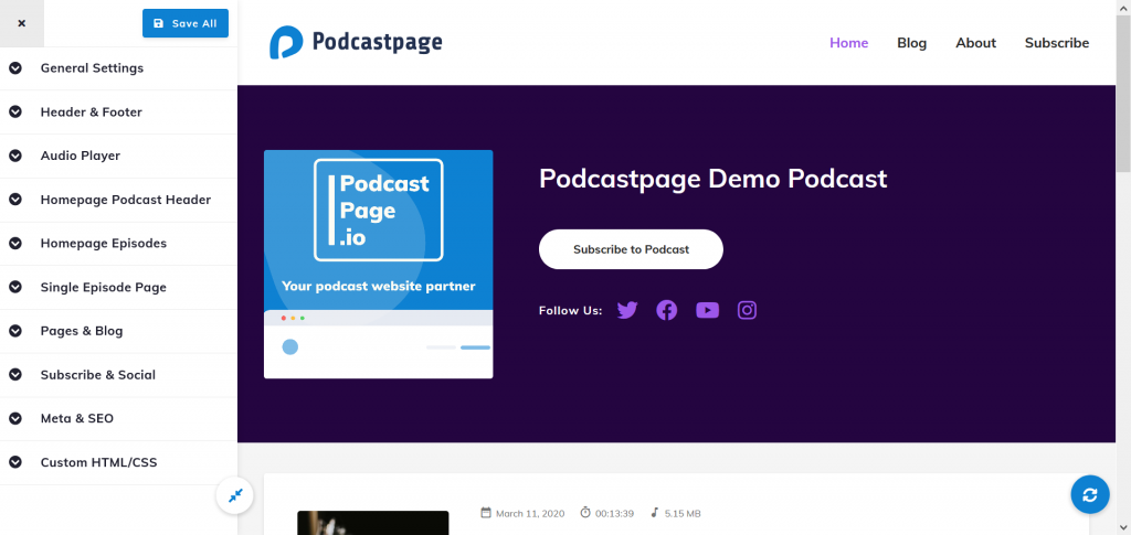 anchor podcast website with Podcastpage Customizer