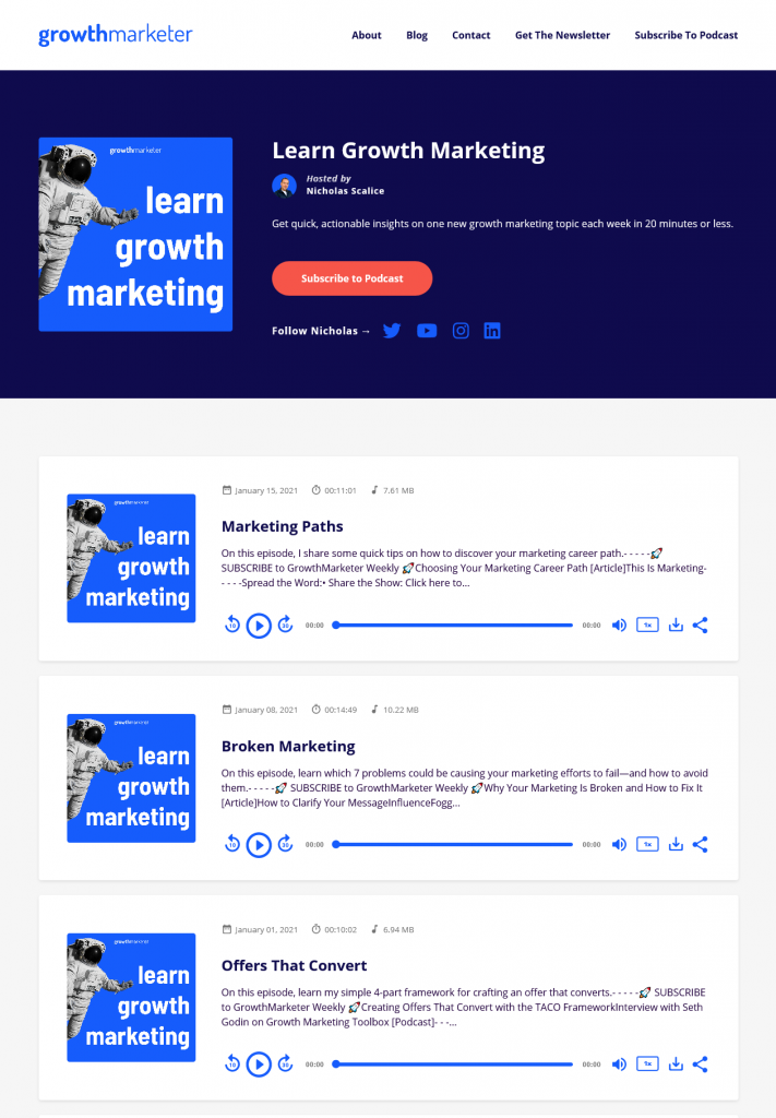 learn growth marketing podcast website example