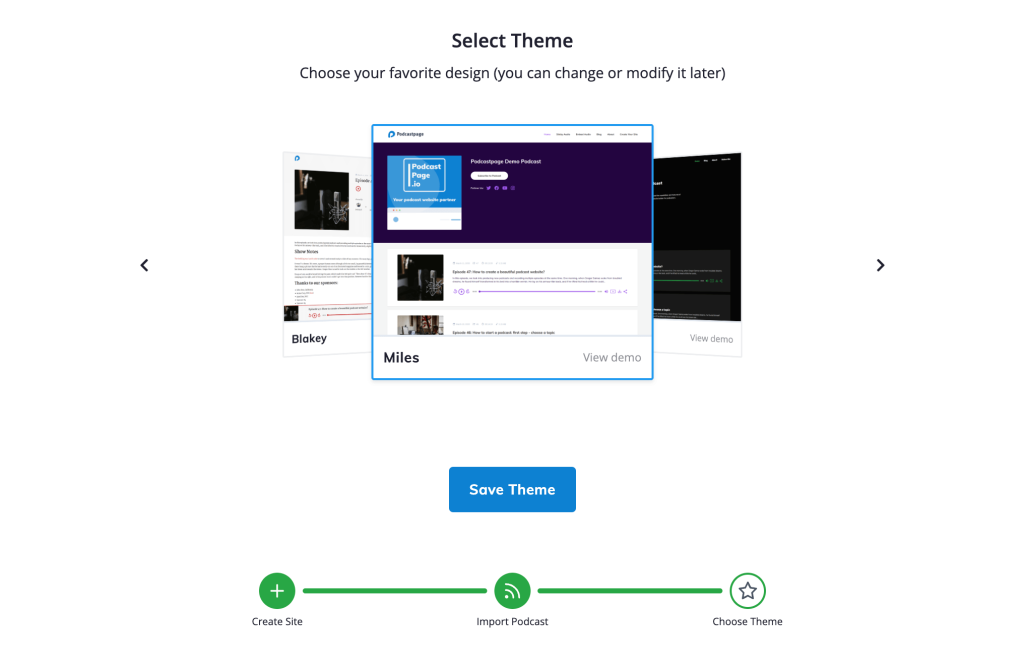 Screenshot of Themes page on Podcastpage.io. 