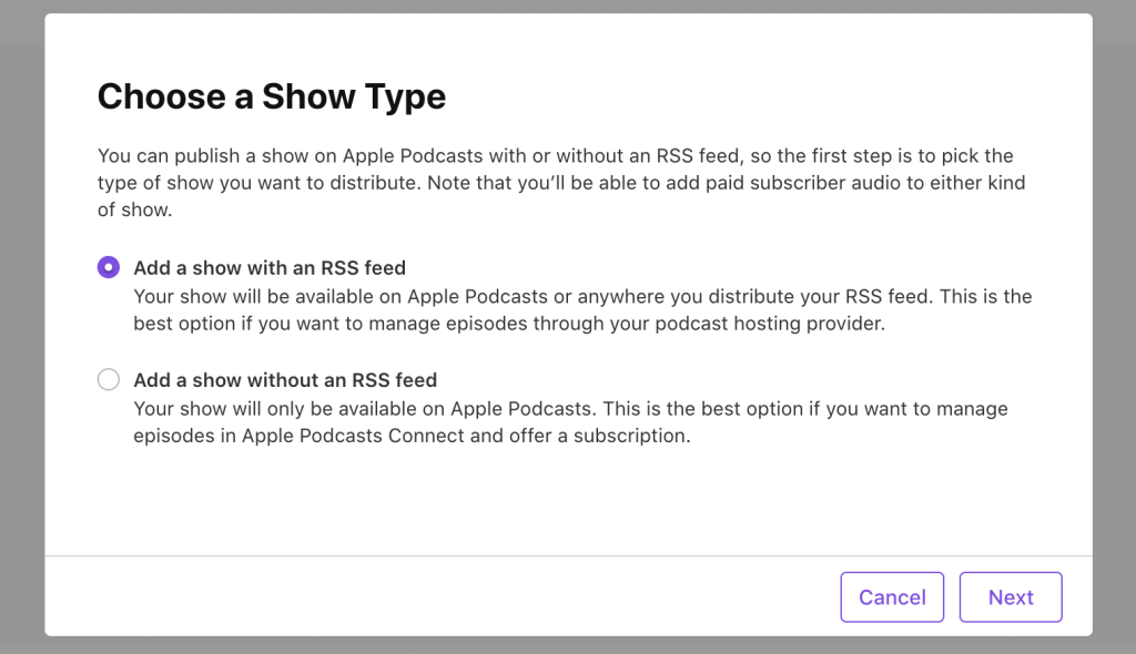 Choosing a show type in Apple Podcasts.