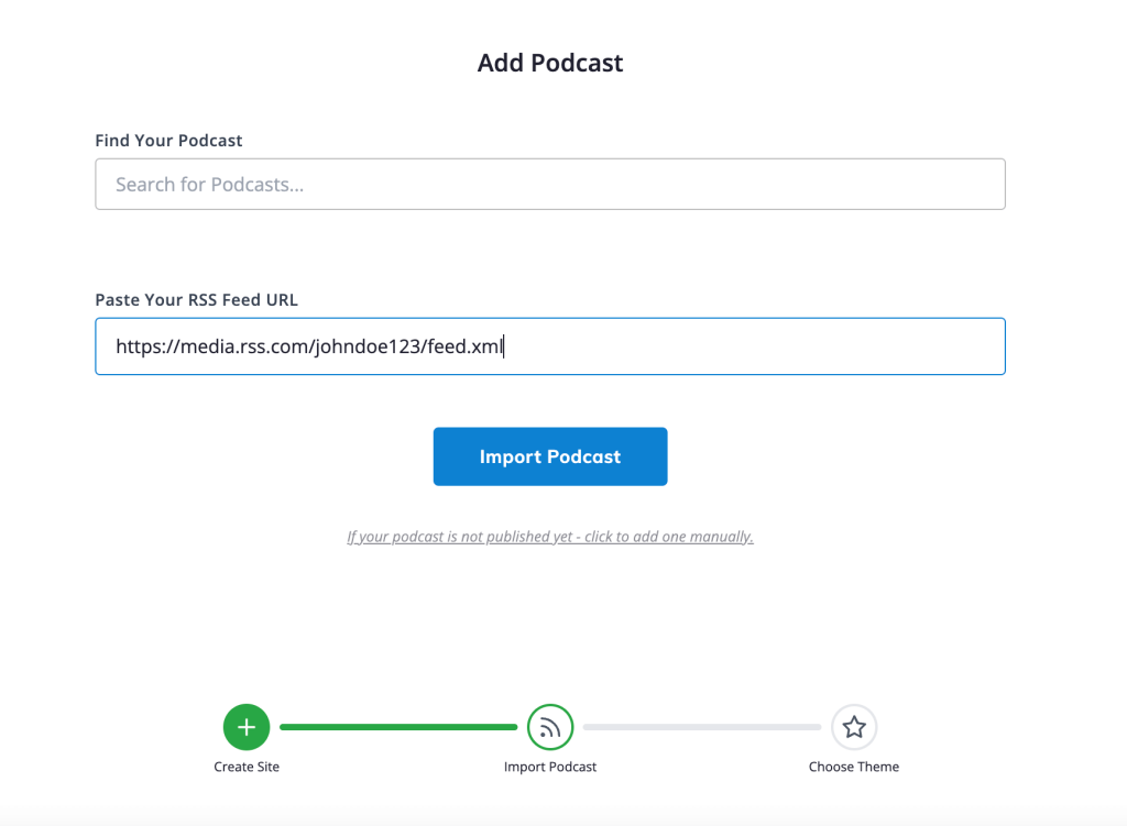 Pasting your RSS feed into Podcastpage's 