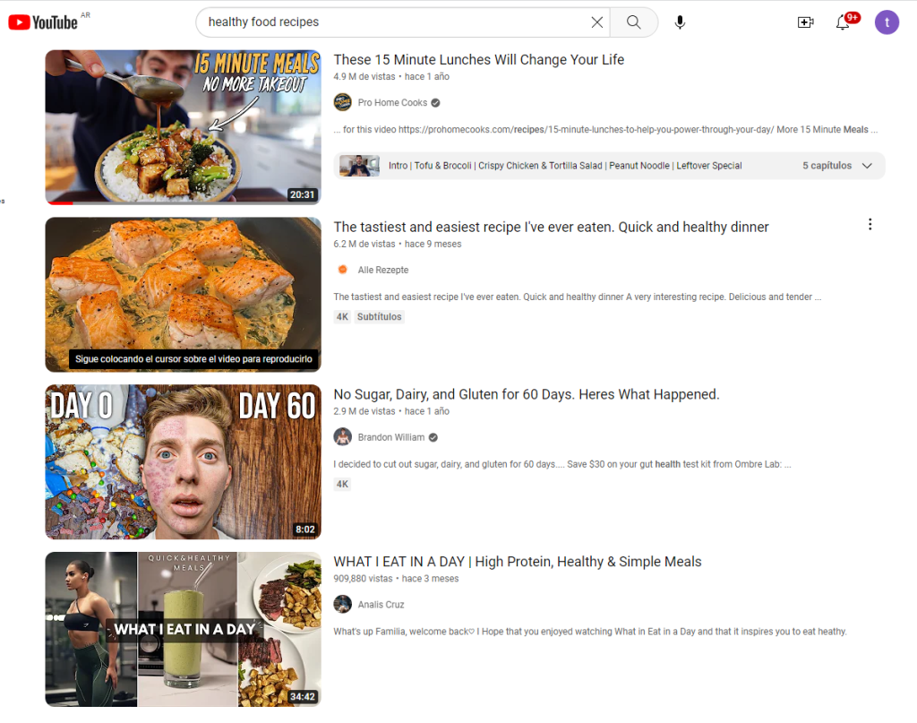 Examples of YouTube search results