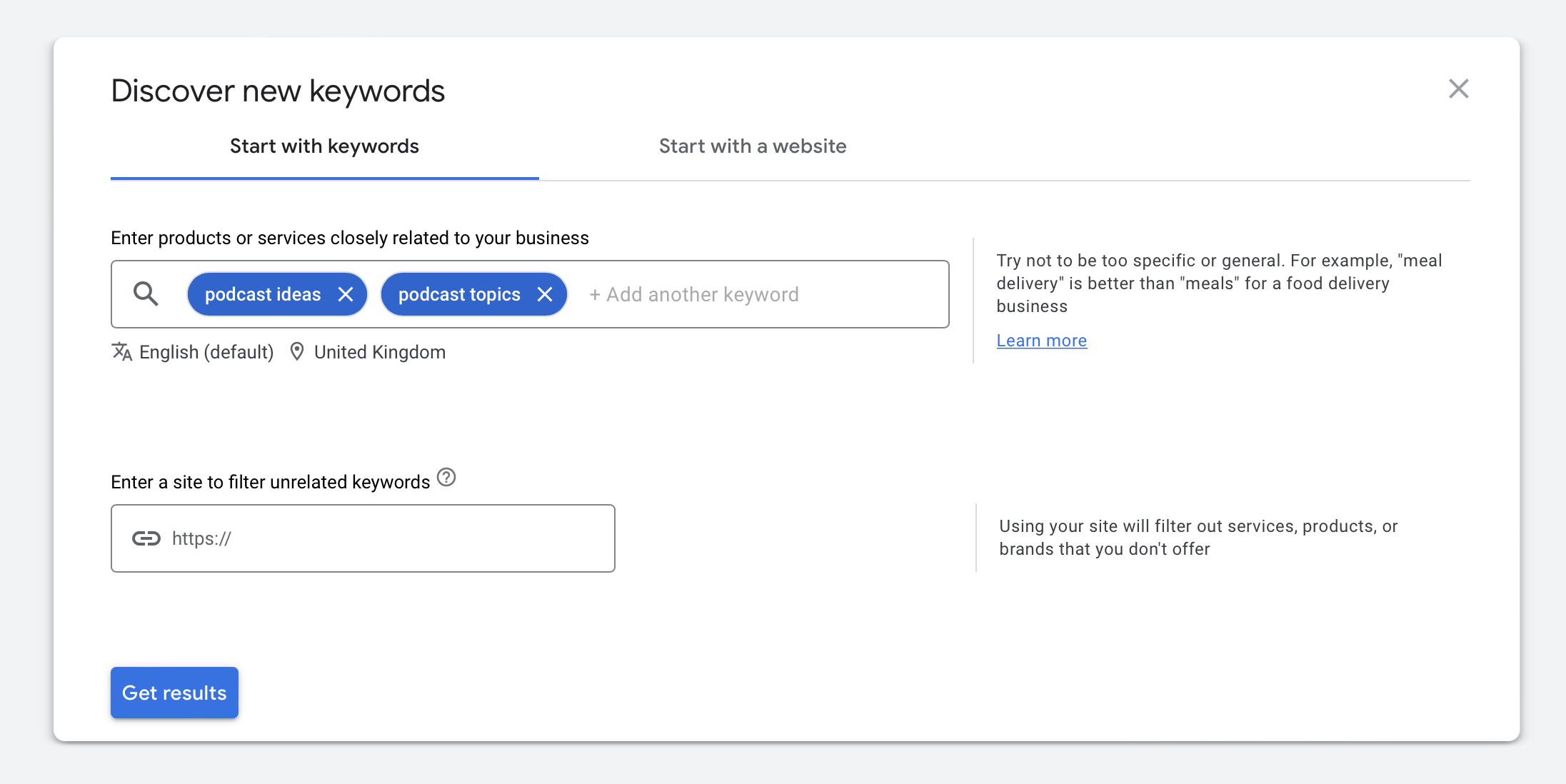 Use Google Keyword Planner to discover new keywords